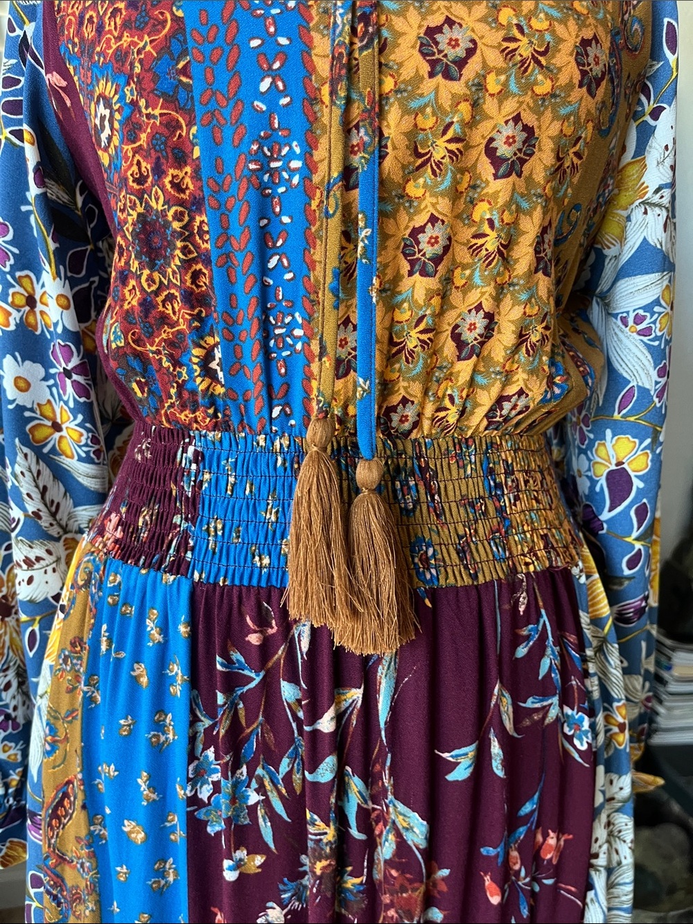 ODDY Boho Patchwork Midi Dress in Mustard, Blue & Burgundy - Picture 10 of 10